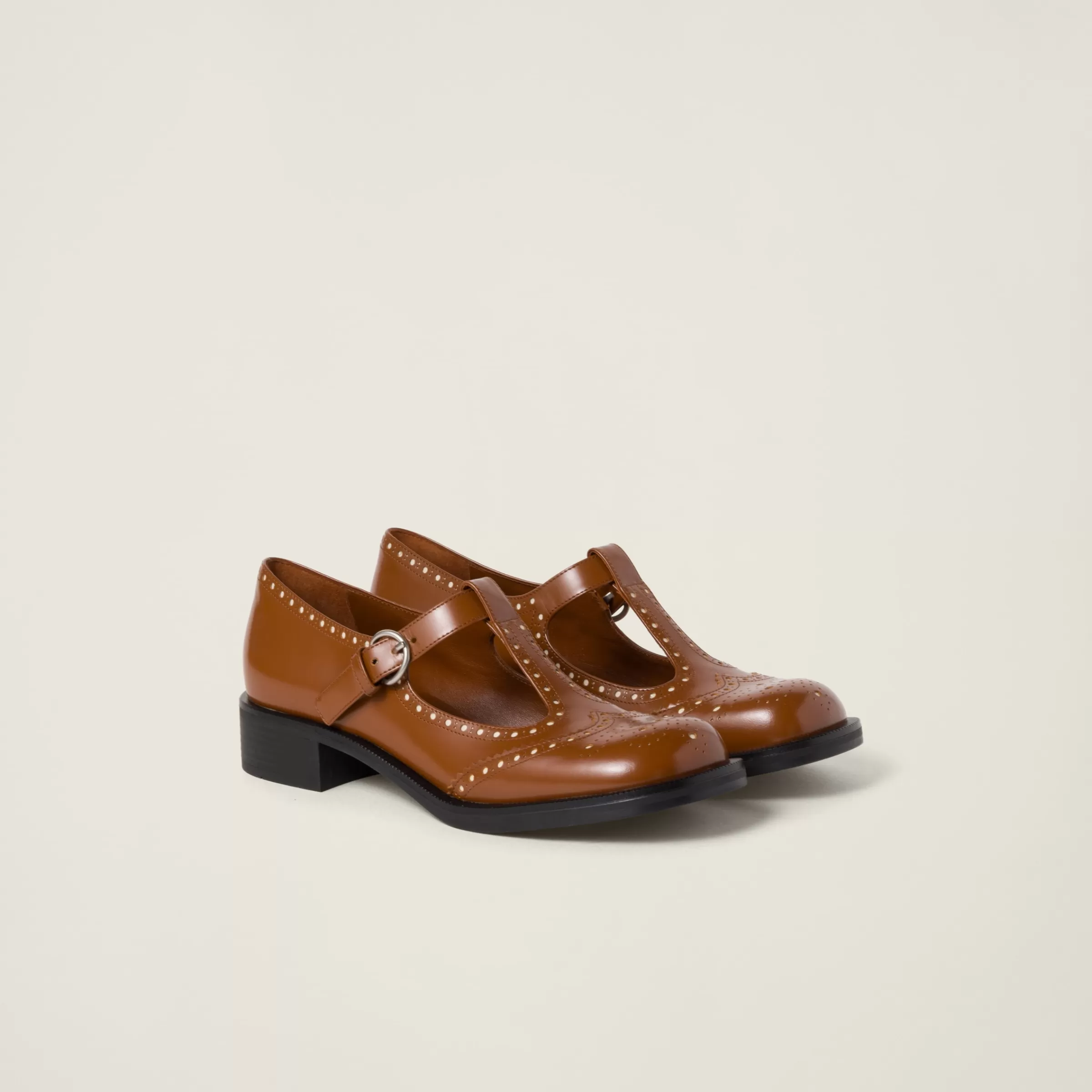 Brushed leather T-strap brogue shoes>Miu Miu New