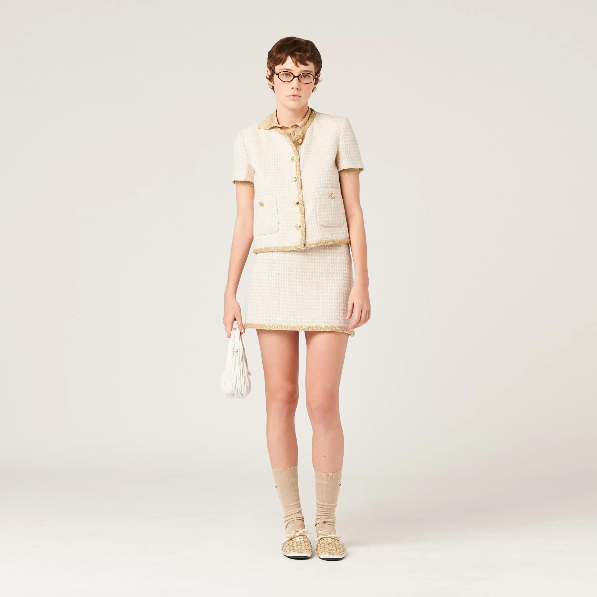 Check lamé miniskirt>Miu Miu Store