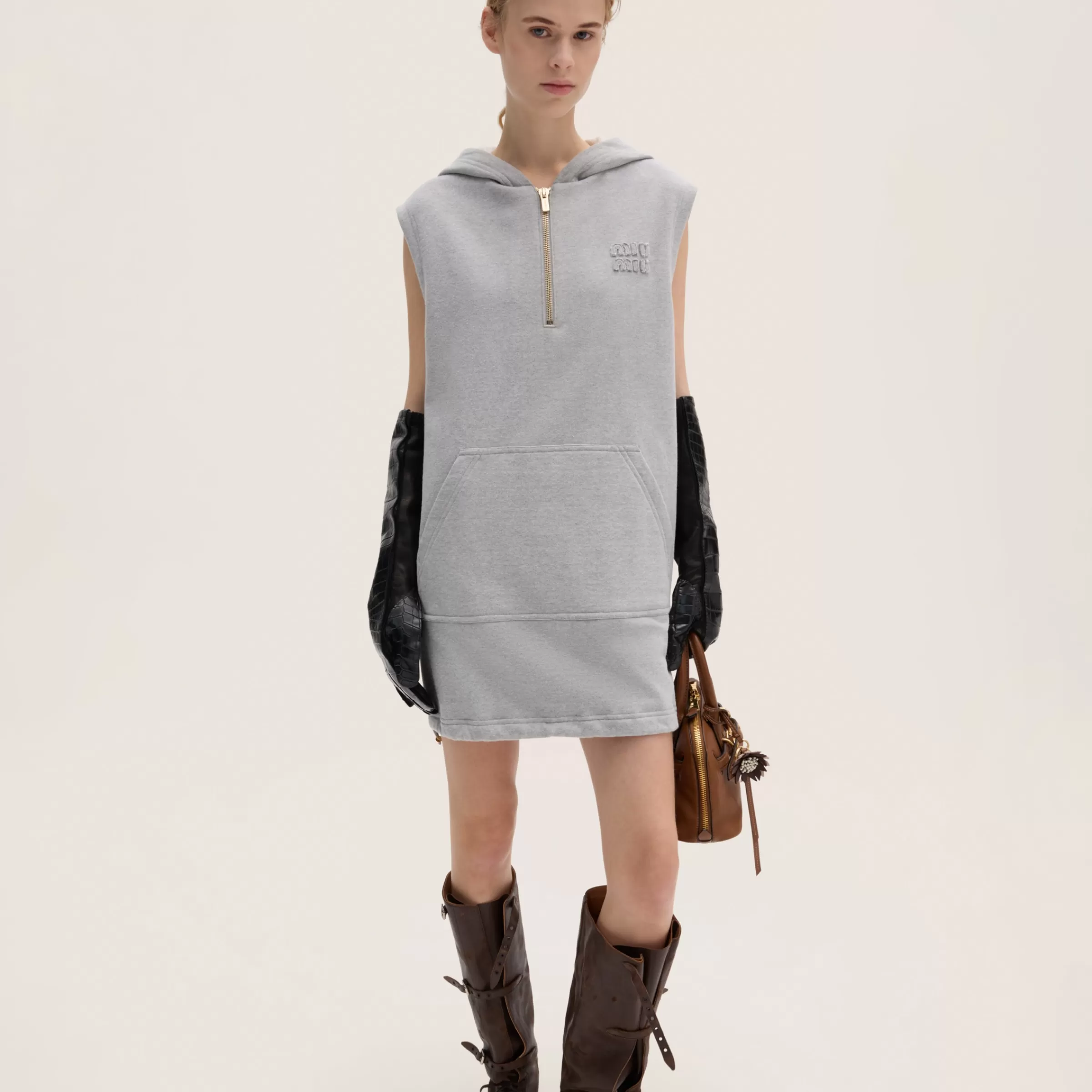 Cotton fleece hoodie dress>Miu Miu New