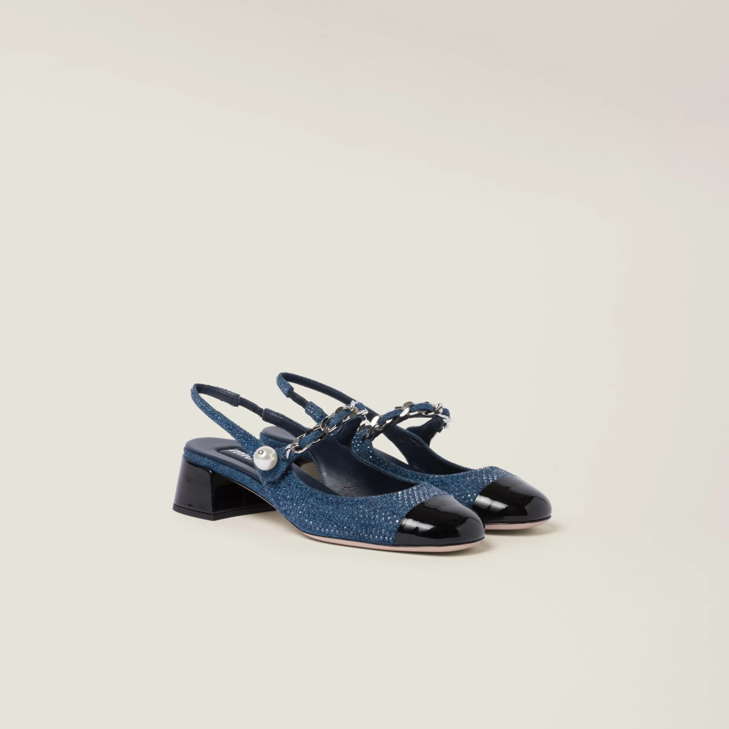 Denim and patent leather slingback pumps with artificial crystals>Miu Miu Online