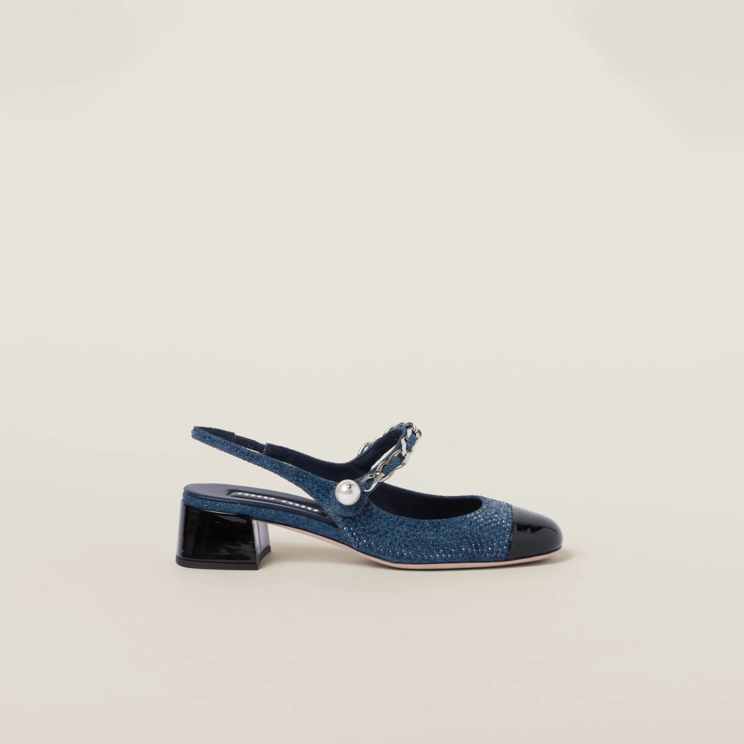 Denim and patent leather slingback pumps with artificial crystals>Miu Miu Online