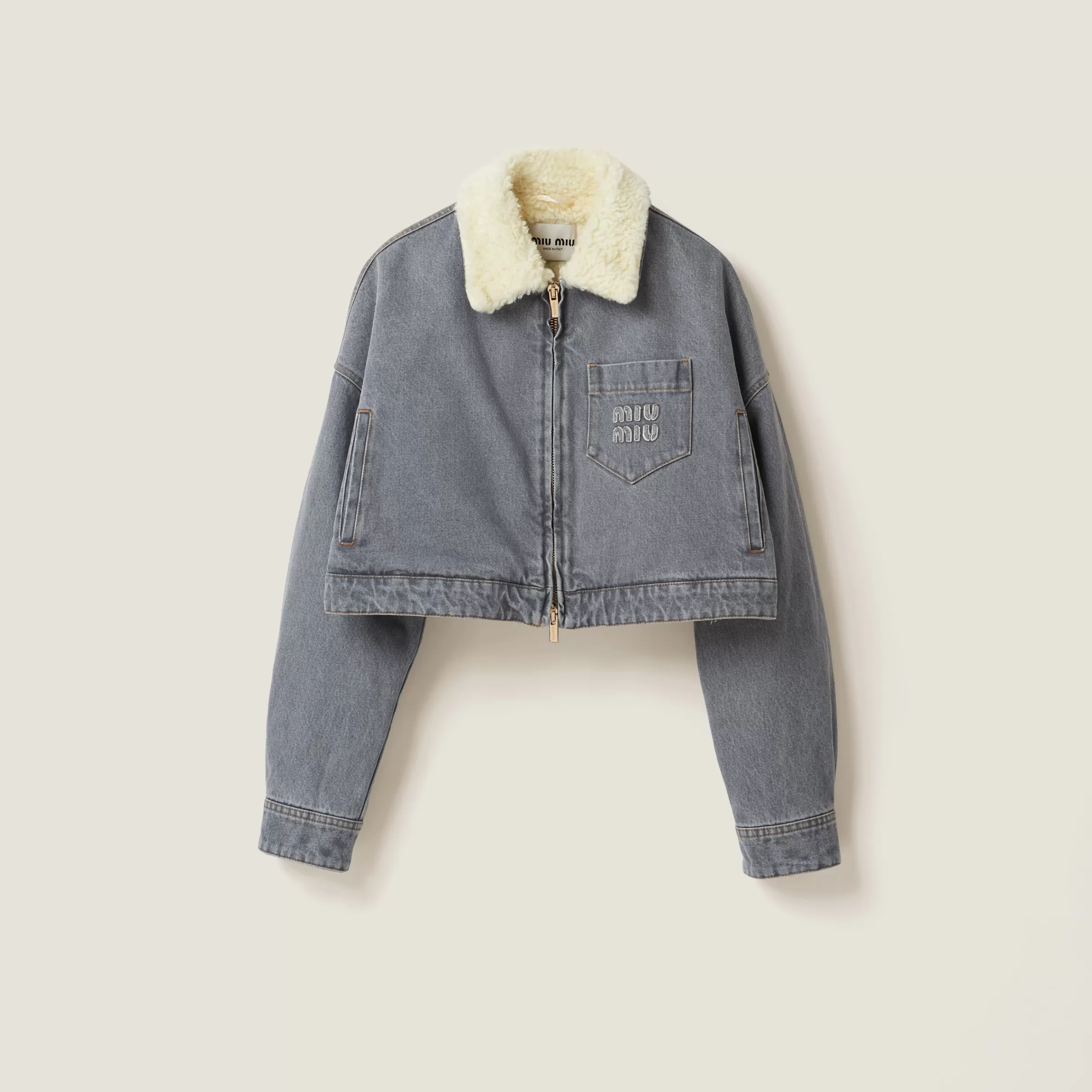 Embroidered denim blouson jacket>Miu Miu Clearance