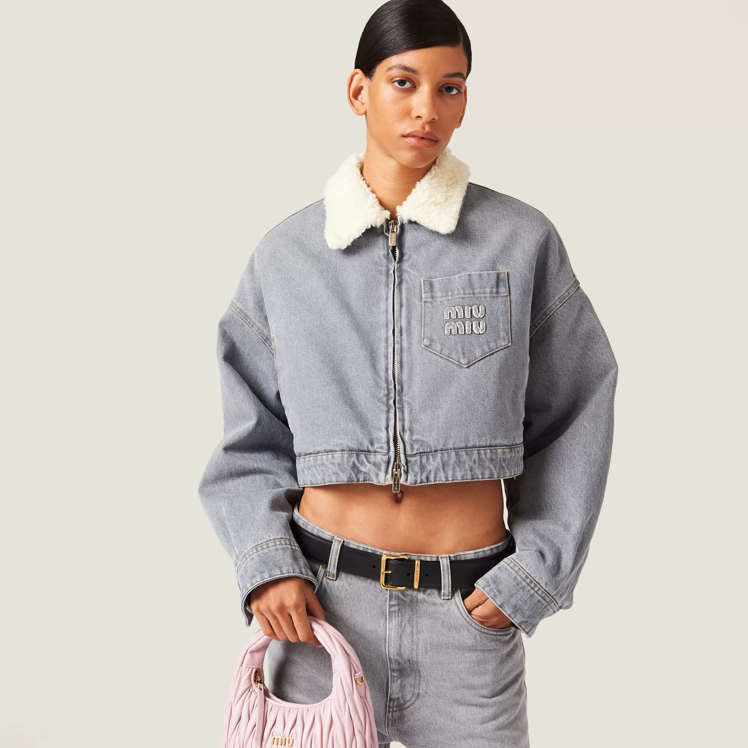 Embroidered denim blouson jacket>Miu Miu Clearance