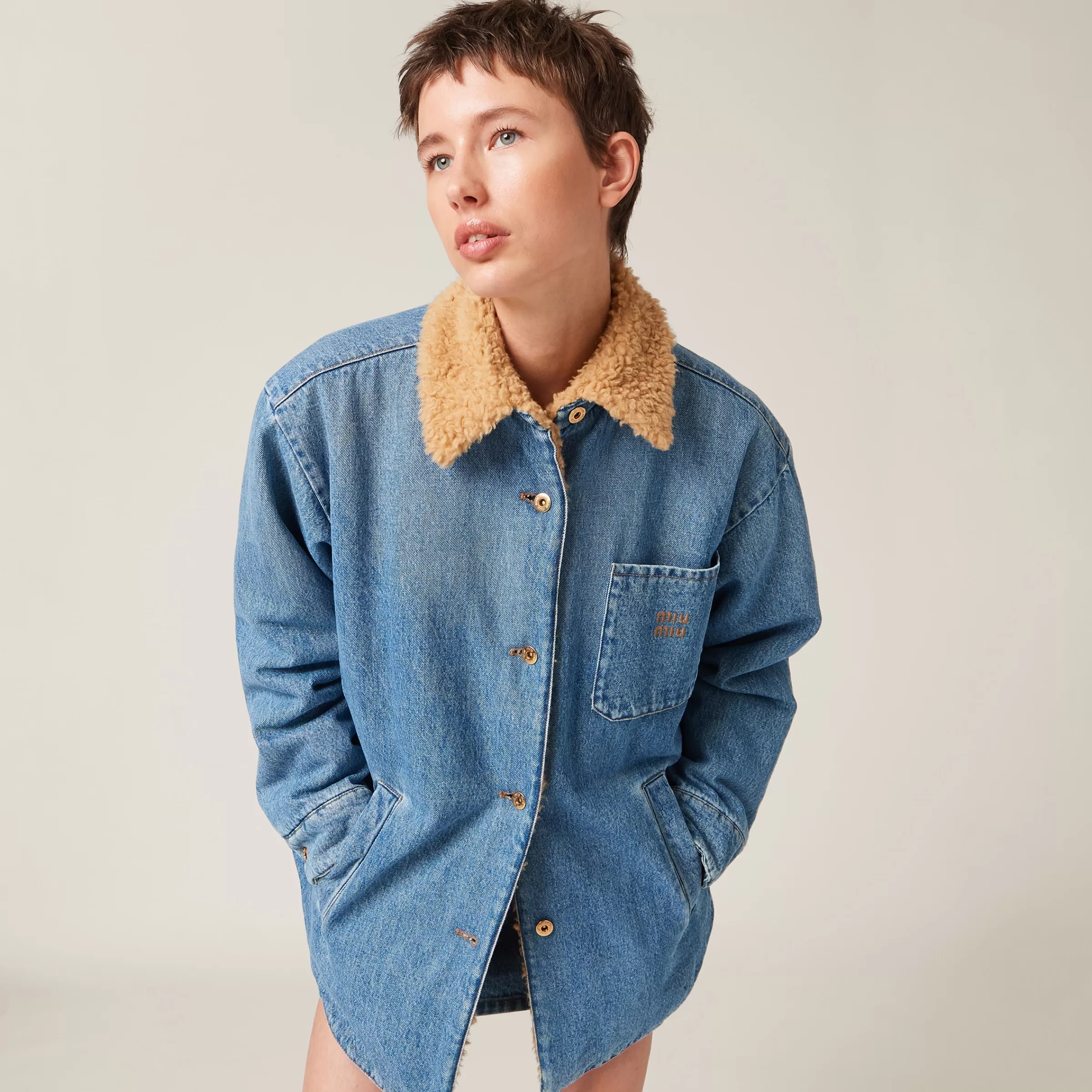 Embroidered denim blouson jacket>Miu Miu Online