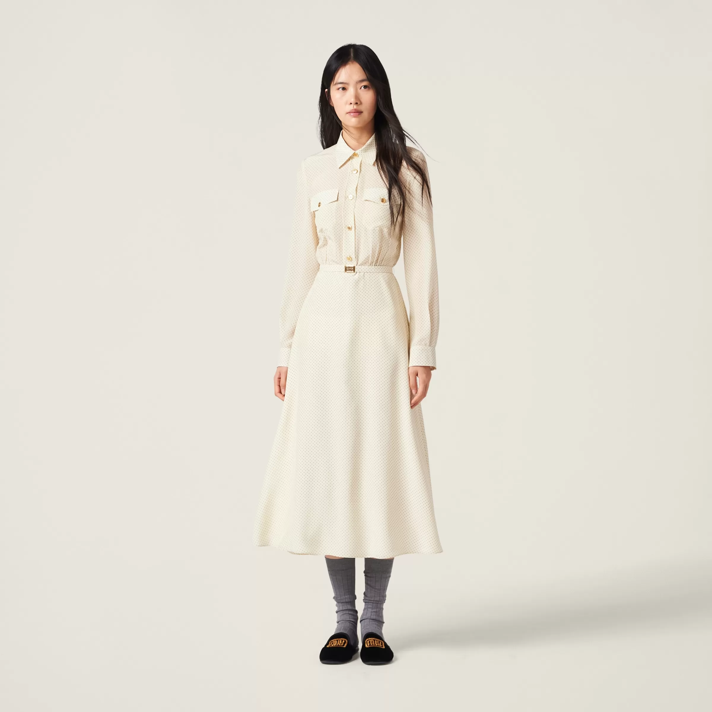 Long crepe de chine dress>Miu Miu Shop