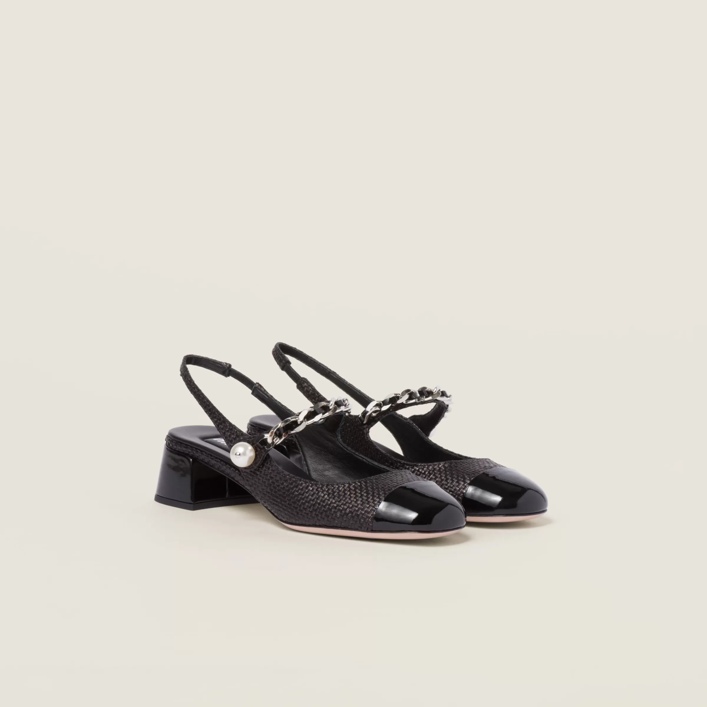 Patent leather and raffia slingback pumps>Miu Miu Sale