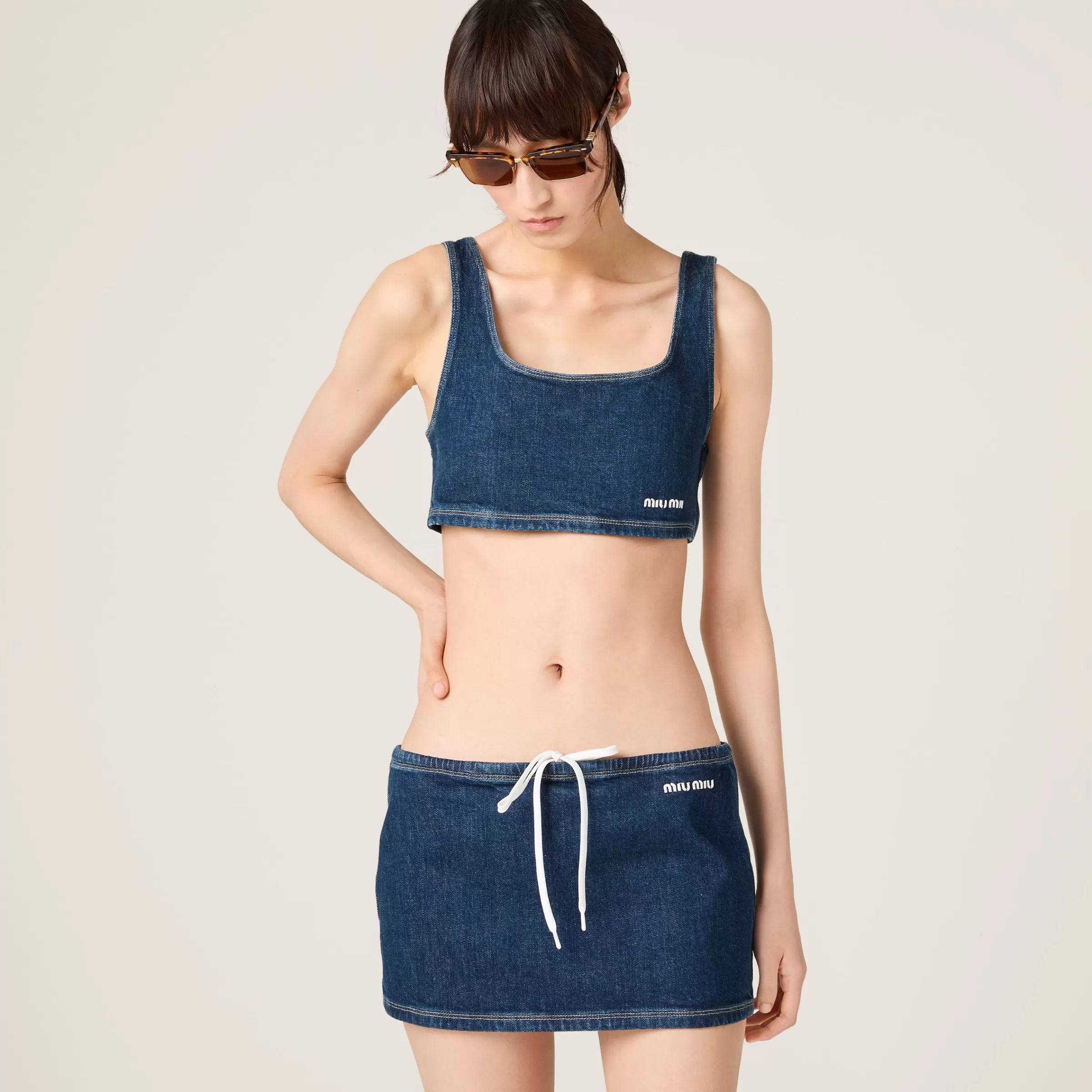 Stretch denim miniskirt>Miu Miu Online